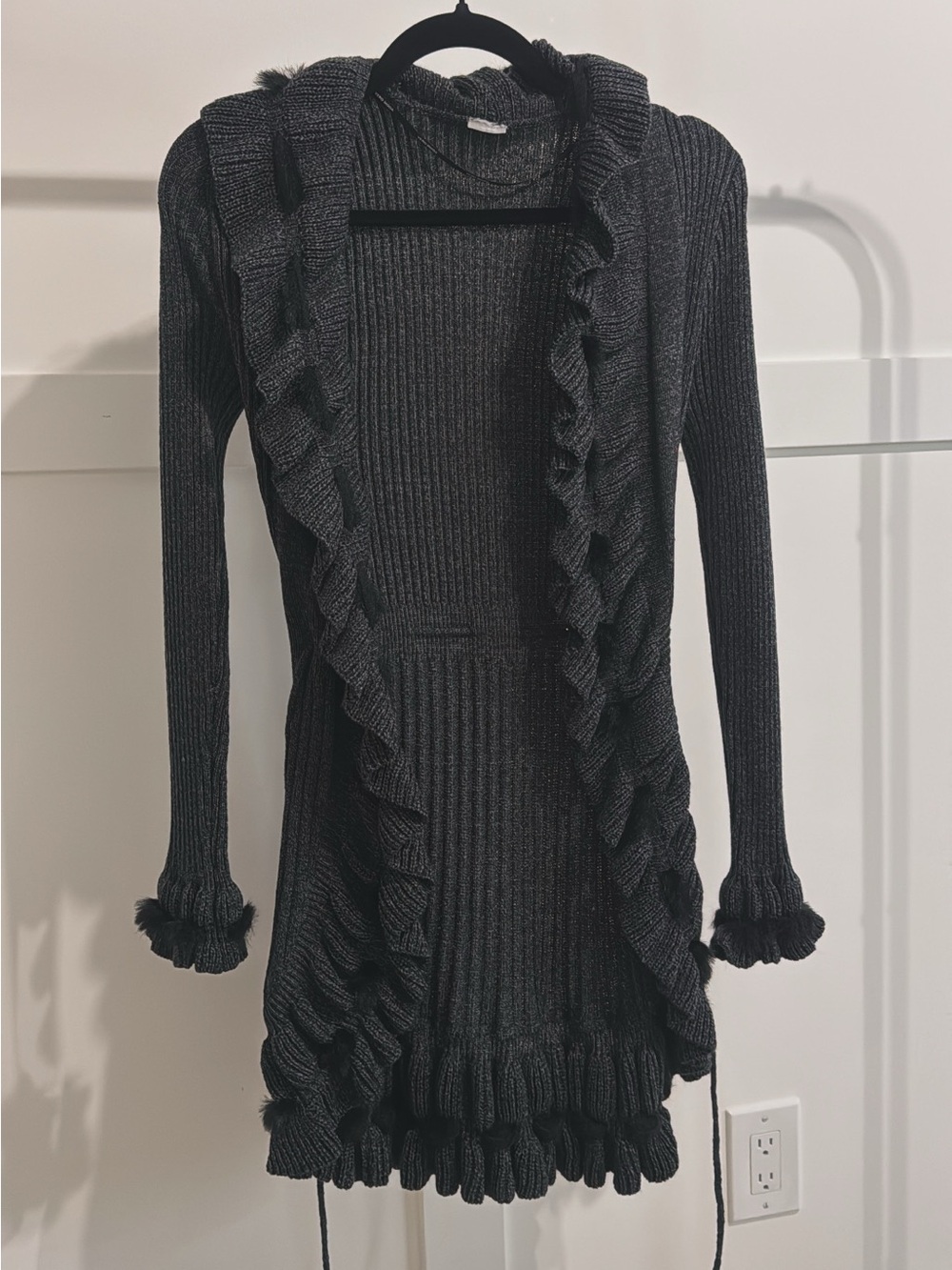 Grey Ruffled whimsigoth Open-Front Knit Cardigan - Picture 2 of 9